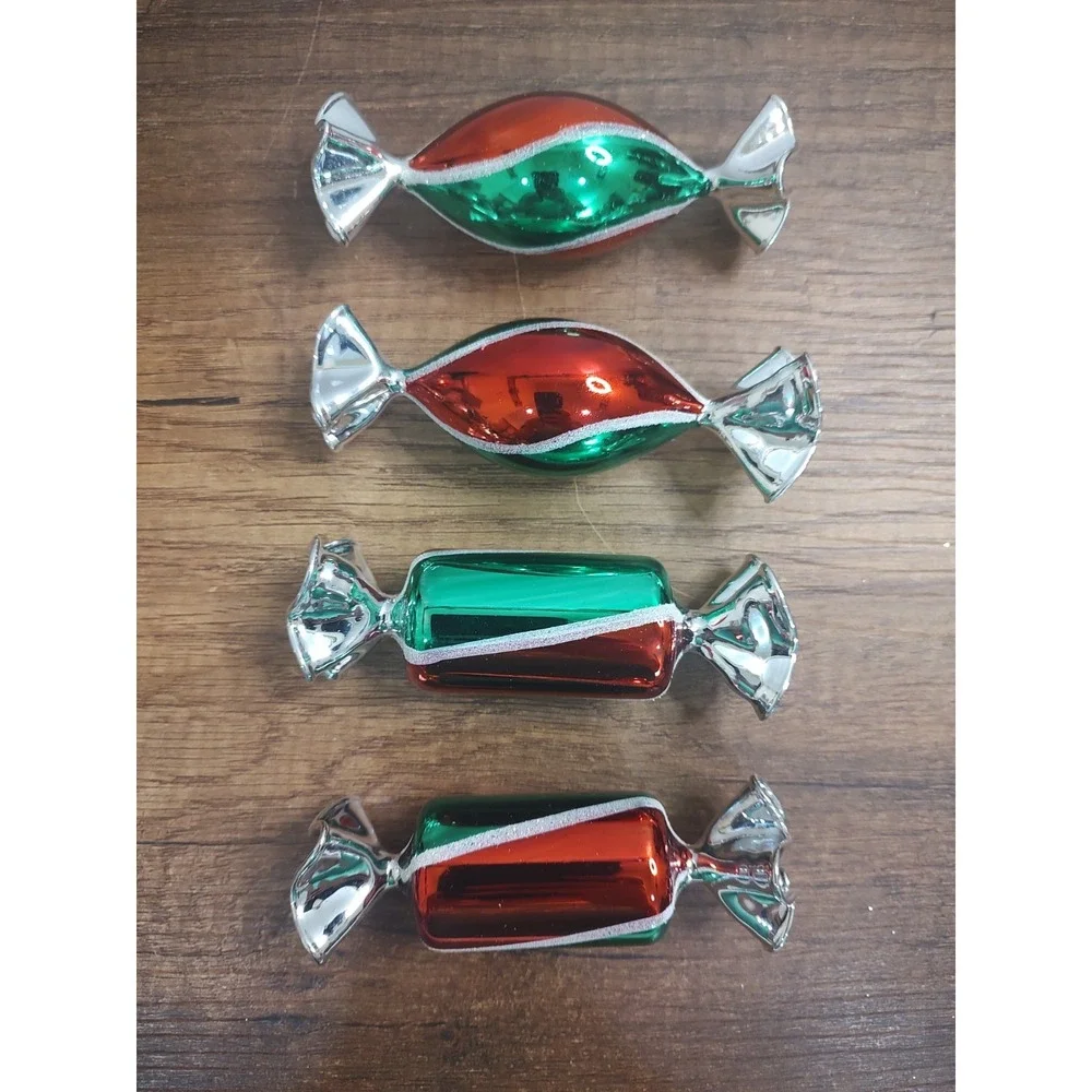 Large Glass Candy Twist Frosted Silver Red Green Christmas Ornament Lot Of 4 A11